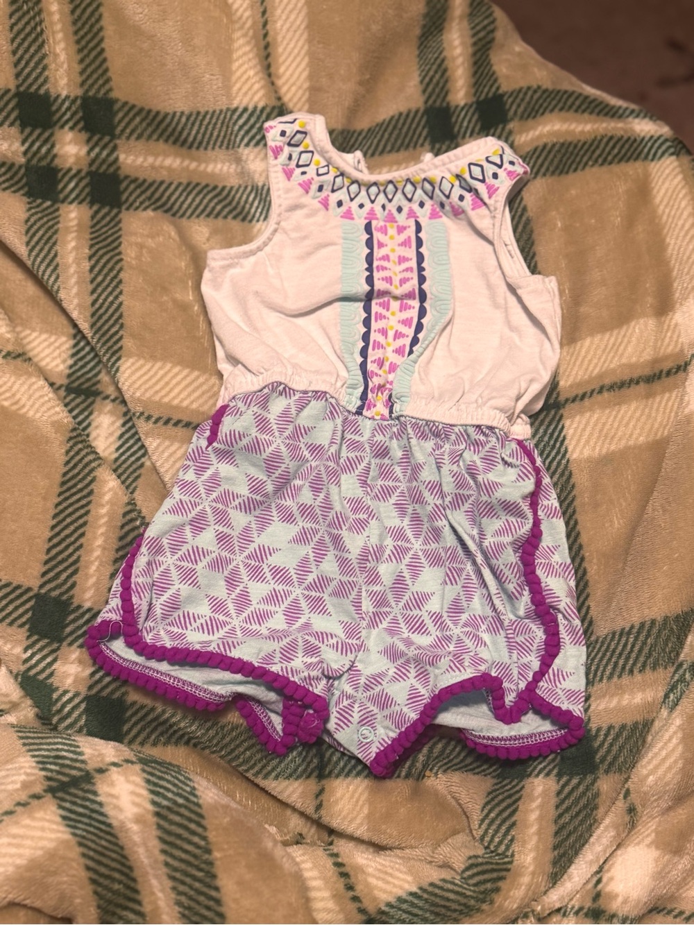 Cat & Jack Cream and Purple Patterned Girls Romper with Embroidered Yoke